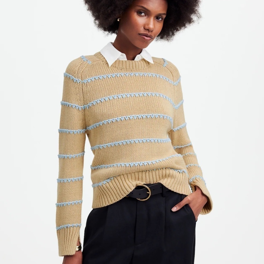 MADEWELL Textured Cotton Crewneck Sweater in Stripe pale blue size xxsmall